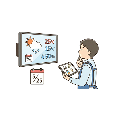 天気予報を見て、コンビニの発注をどうするか考える人