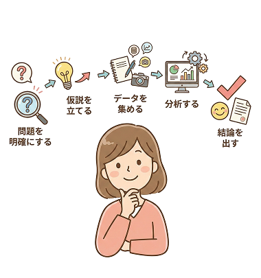 問題を明確にする、仮説を立てる、データを集める、分析する、結論を出すという5つのステップ